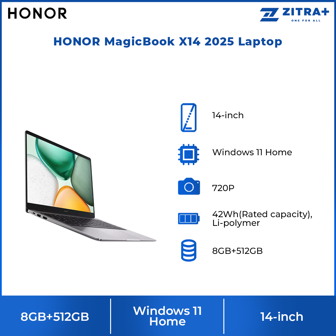 HONOR MagicBook X14 2025 Laptop 8GB+512GB | Windows 11 Home | 14-inch | 42Wh Longer Battery Life without Charge
