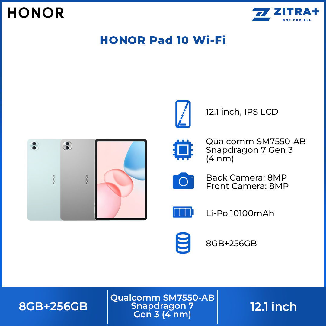 HONOR Pad 10 Wi-Fi 8GB+256GB | 8MP Main Camera | 12.1 inch | Qualcomm SM7550-AB Snapdragon 7 Gen 3 (4 nm) | Li-Po 10100mAh | Android 15, MagicOS 9