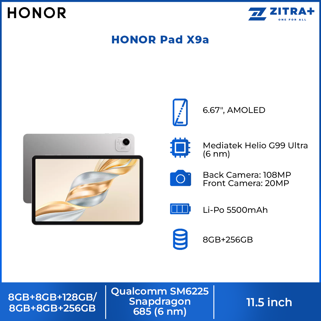 HONOR Pad X9a LTE 8GB+8GB+256GB / Wi-Fi 8GB+8GB+128GB | 11.5 inch | 8MP Rear Camera | Qualcomm SM6225 Snapdragon 685 (6 nm) | Li-Po 8300 mAh, 35W wired