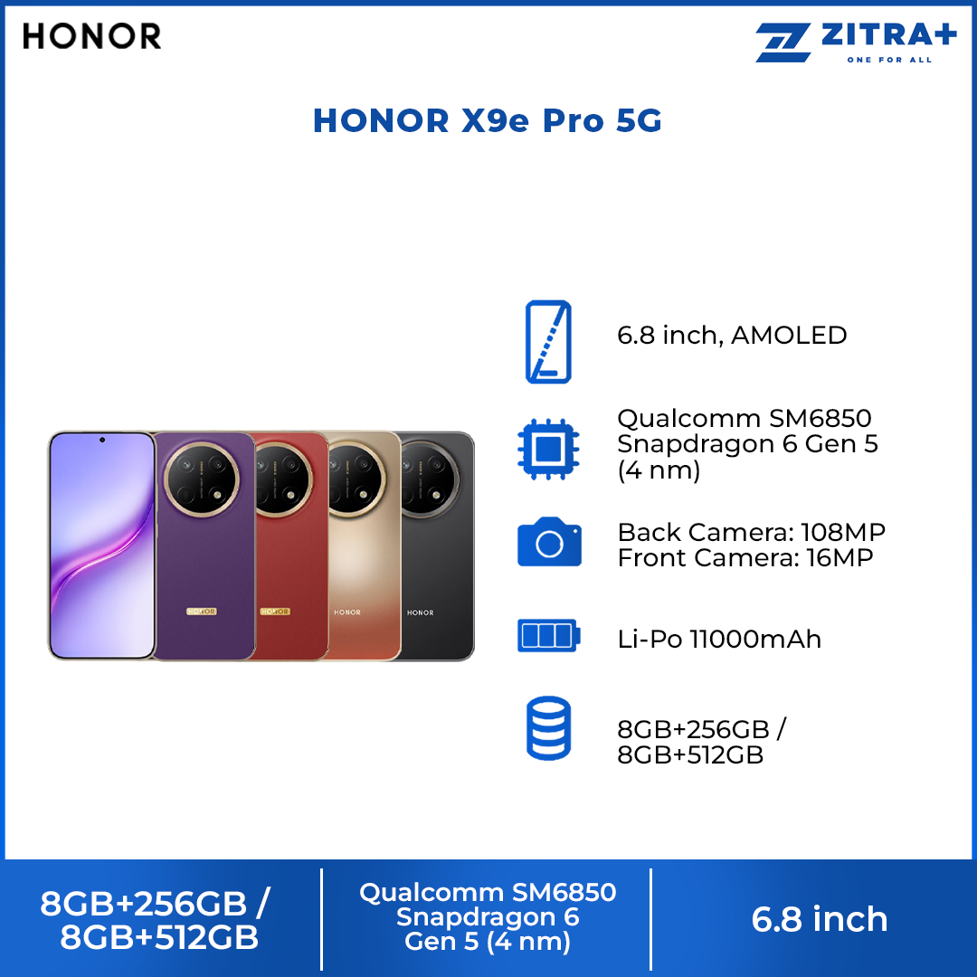 HONOR X9e Pro 5G 8GB+256GB/8GB+512GB | 6.8 inch, AMOLED | 108MP Rear Camera | Qualcomm SM6850 Snapdragon 6 Gen 5 (4 nm) | Li-Po 11000mAh,Fast charging 80W