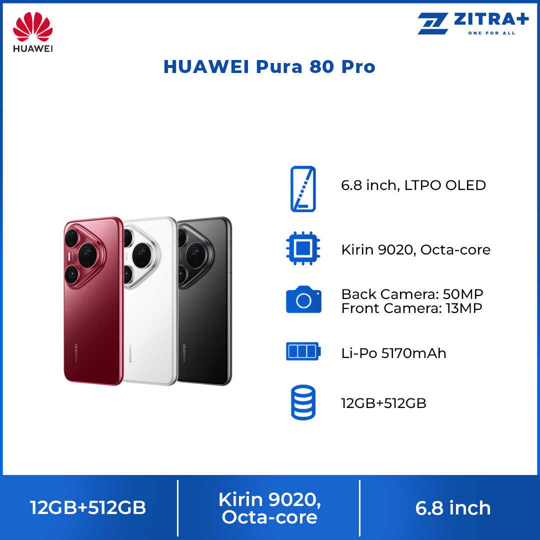 HUAWEI Pura 80 Pro 12GB+512GB | 6.8 inch | 50MP Rear Camera | Kirin 9020, Octa-core | Dual SIM | Li-Po 5170mAh, 100W Fast charging