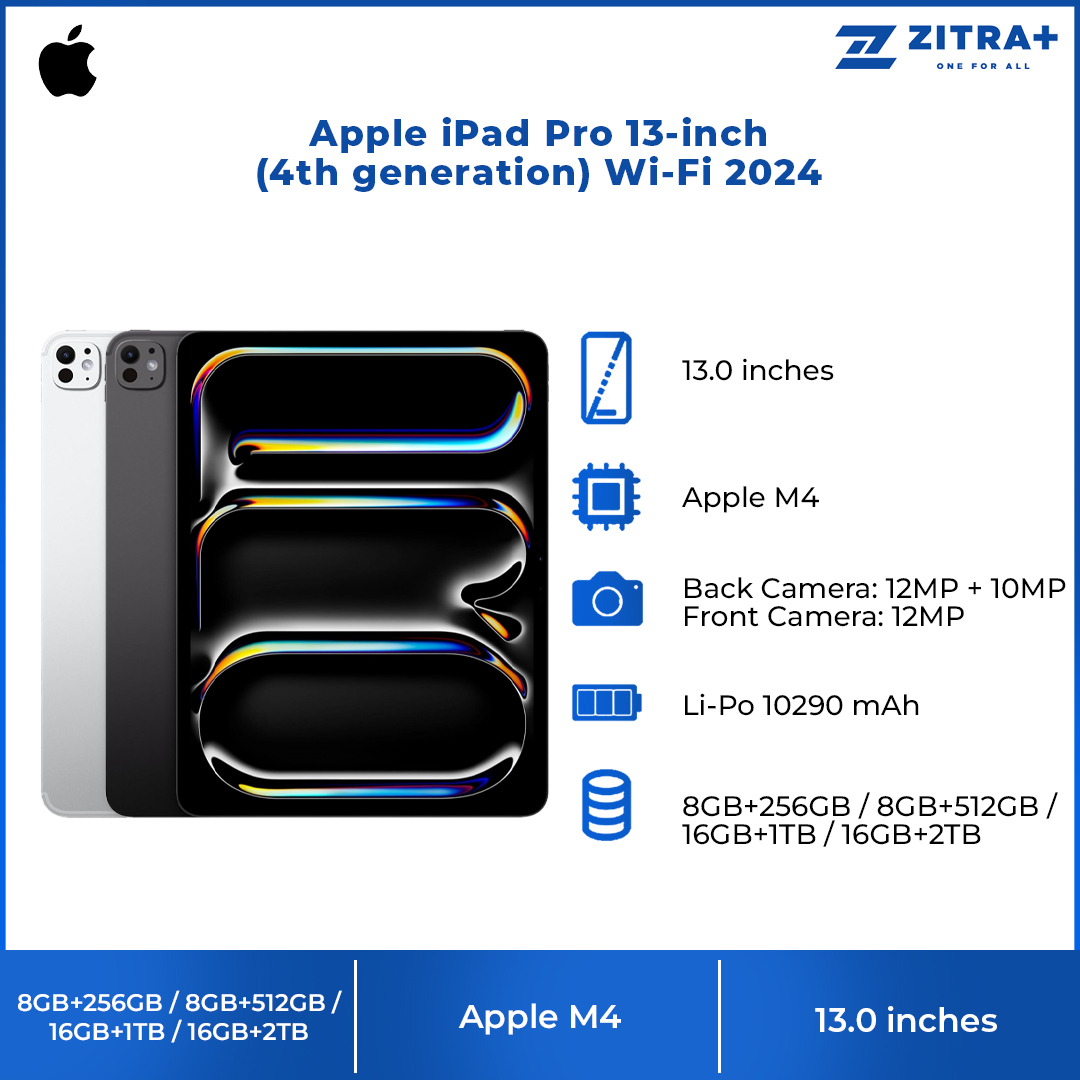 Apple iPad Pro 13-inch (4th generation) Wi-Fi 2024 16GB+2TB / 16GB+1TB / 8GB+512GB / 8GB+256GB | Ultra Retina XDR |  Apple M4 Chip | Thinner Magic Keyboard | 1  Year General Warranty