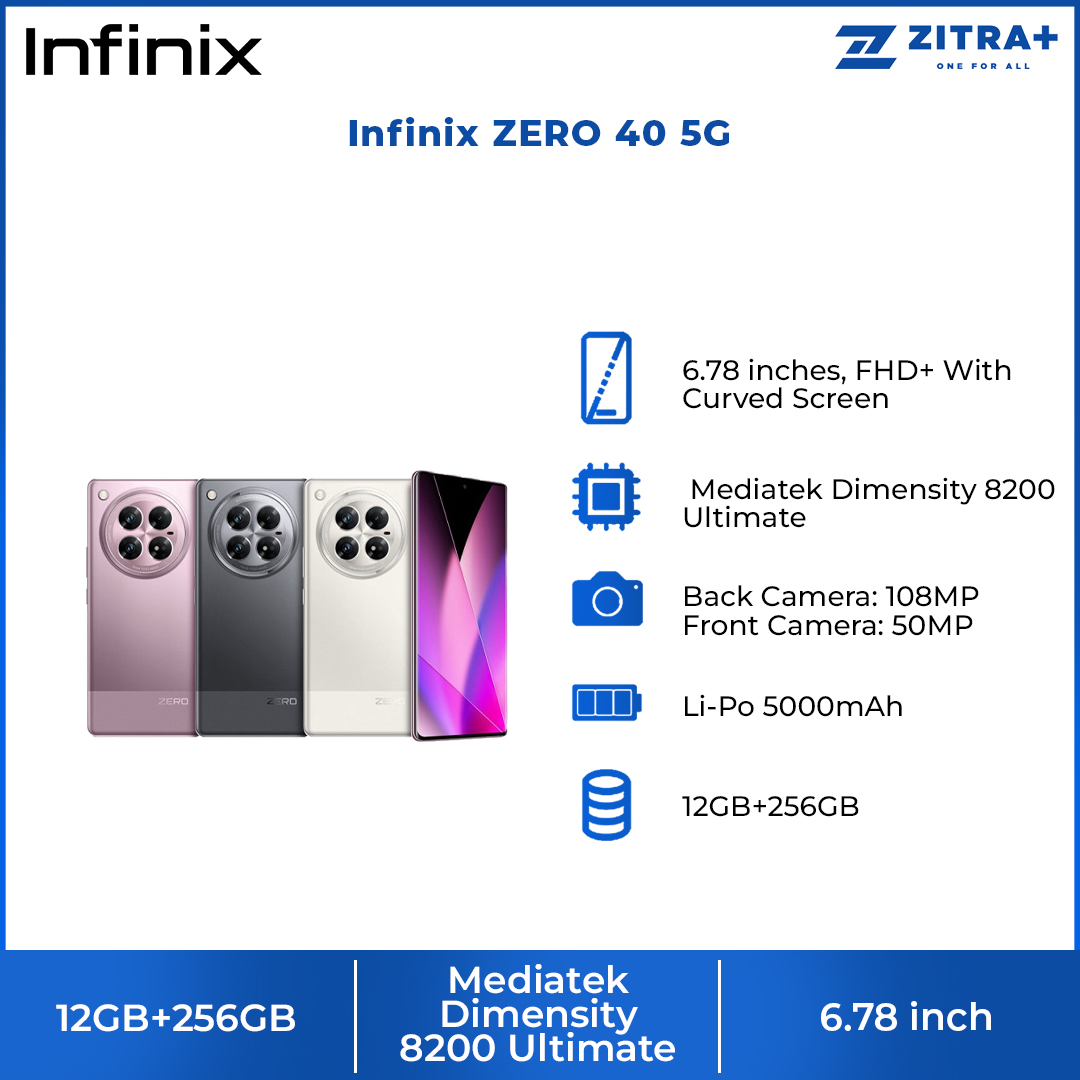 Infinix ZERO 40 5G 12GB+256GB | Android 14 XOS 14.5 | 6.78 inches, FHD+ With Curved Screen | Front & Rear 4K Vlog