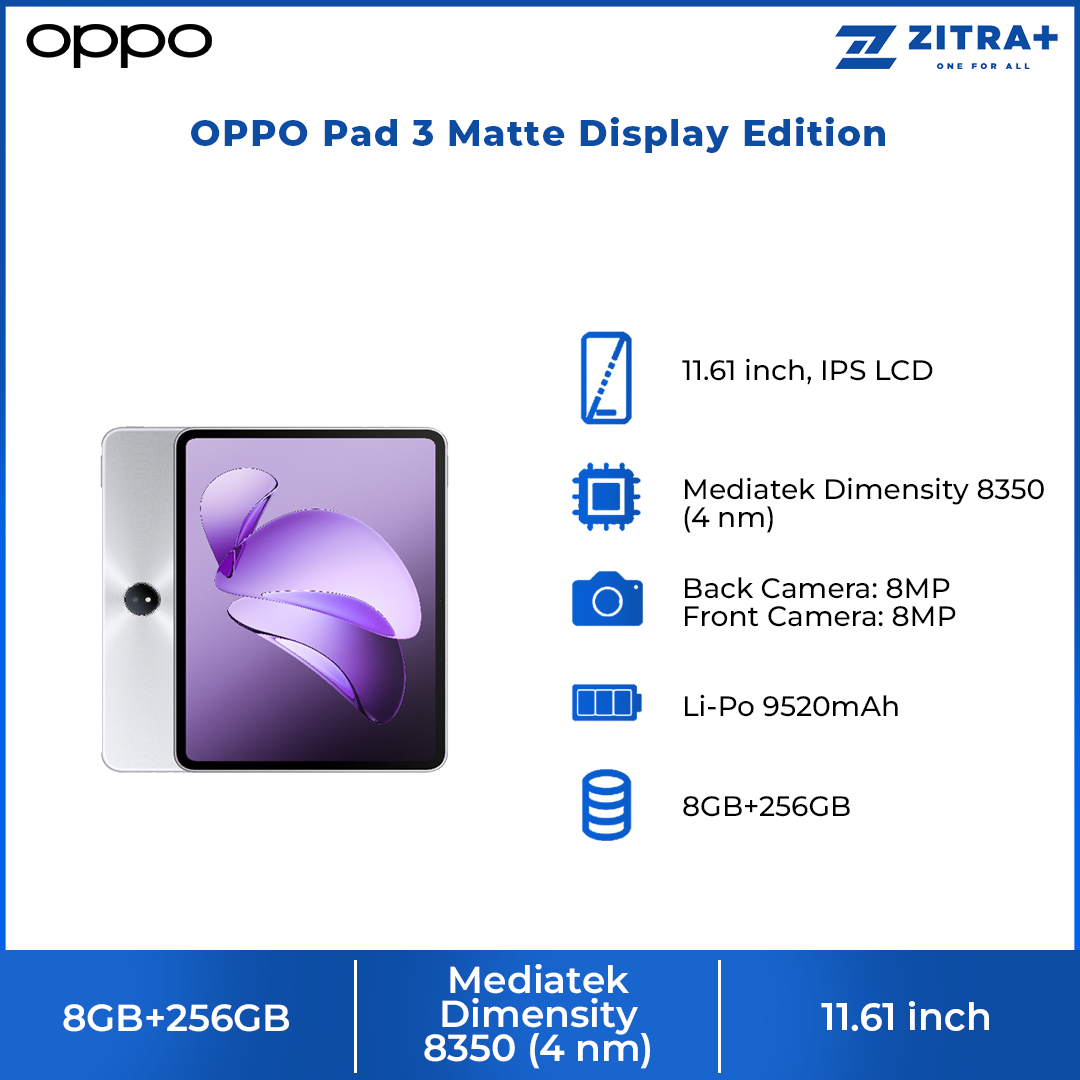 OPPO Pad 3 Matte Display Edition | Mediatek Dimensity 8350 |  Ultra Thin Design | Five Year Fluency Protection
