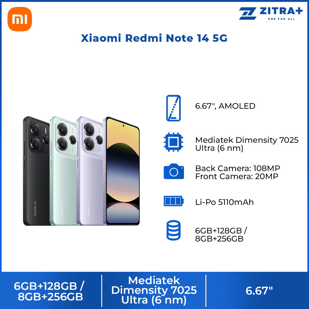 Xiaomi Redmi Note 14 5G | 108MP AI camera | 45W Turbo Charging With 5110mAh Battery | MediaTek Dimensity 7025-Ultra