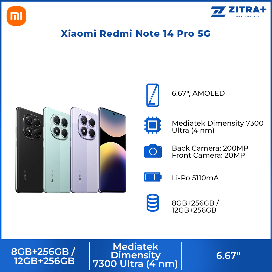 Xiaomi Redmi Note 14 Pro 5G | 200MP AI camera | MediaTek Dimensity 7300-Ultra | 1.5K 120Hz Eye-Care Display