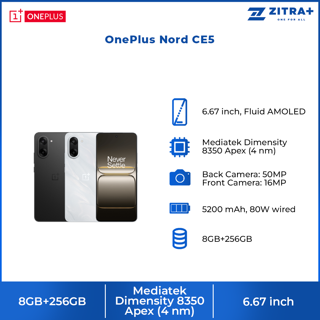OnePlus Nord CE5 8GB+256GB | 6.67 inch | 50MP Rear Camera | Mediatek Dimensity 8350 Apex (4 nm) | Android 15, ColorOS 15