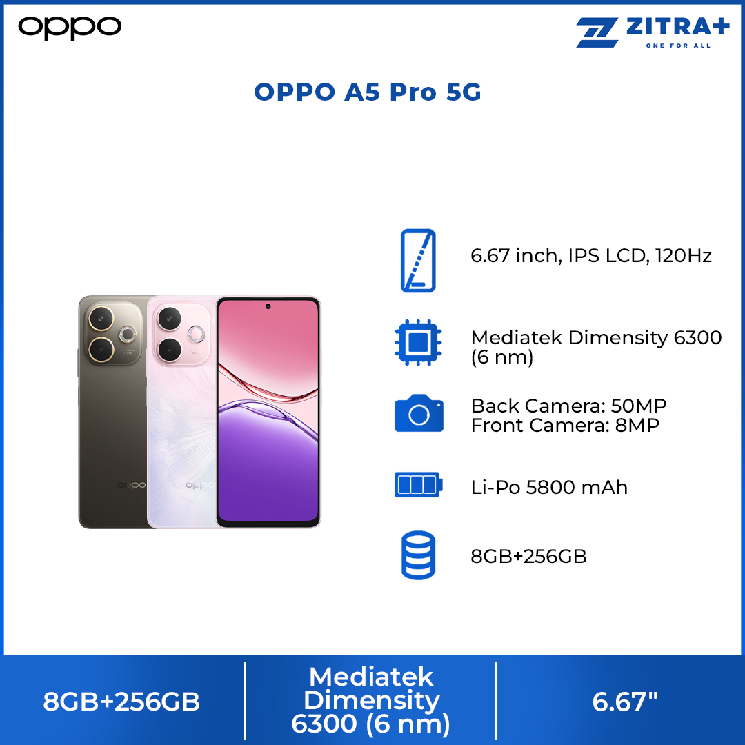 OPPO A5 Pro 5G 8GB+256GB | 6.67 inch | 50MP Main Camera | Dual Sims | Mediatek Dimensity 6300 (6 nm) | Li-Po 5800 mAh,Fast charging 45W