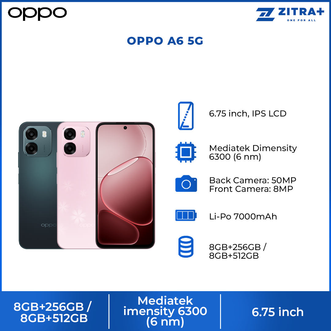 OPPO A6 5G 8GB+256GB / 8GB+512GB | 7000mAh Large Battery + 45W SUPERVOOCTM Flash Charge | IP69 Water and Dust Resistance | SuperCool VC System | 60-month Fluency Protection