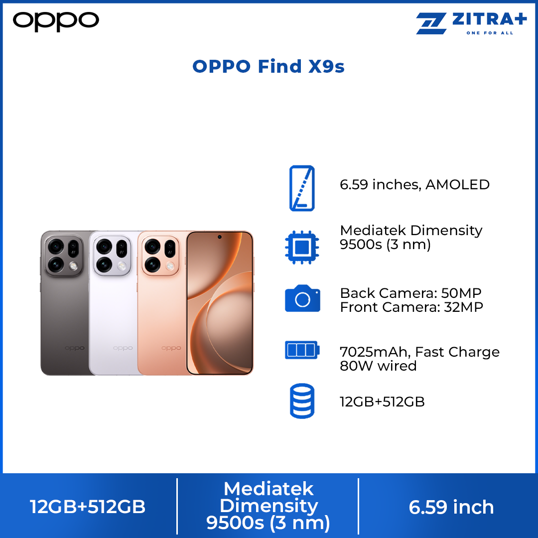 OPPO Find X9s 12GB+512GB | 4K 60fps Dolby Vision Recording | 50MP Ultra-Clear Triple Camera | 7025mAh Large Battery | Trinity Engine x MediaTek Dimensity 9500s