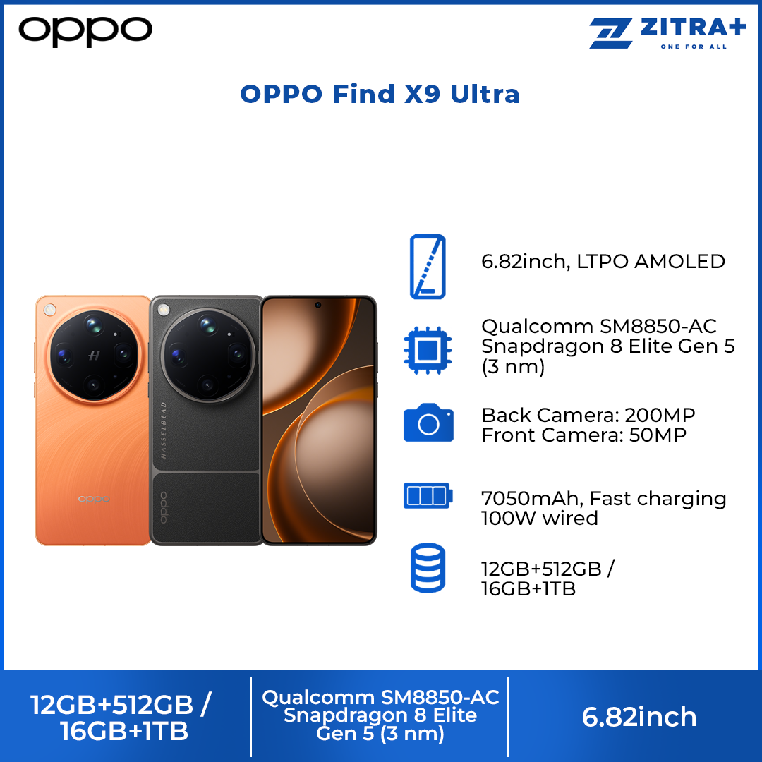 OPPO Find X9 Ultra 12GB+512GB/ 16GB+1TB | 6.82inch, LTPO AMOLED | 200MP Rear Camera | Qualcomm SM8850-AC Snapdragon 8 Elite Gen 5 (3 nm) | 7050mAh, Fast charging 100W wired