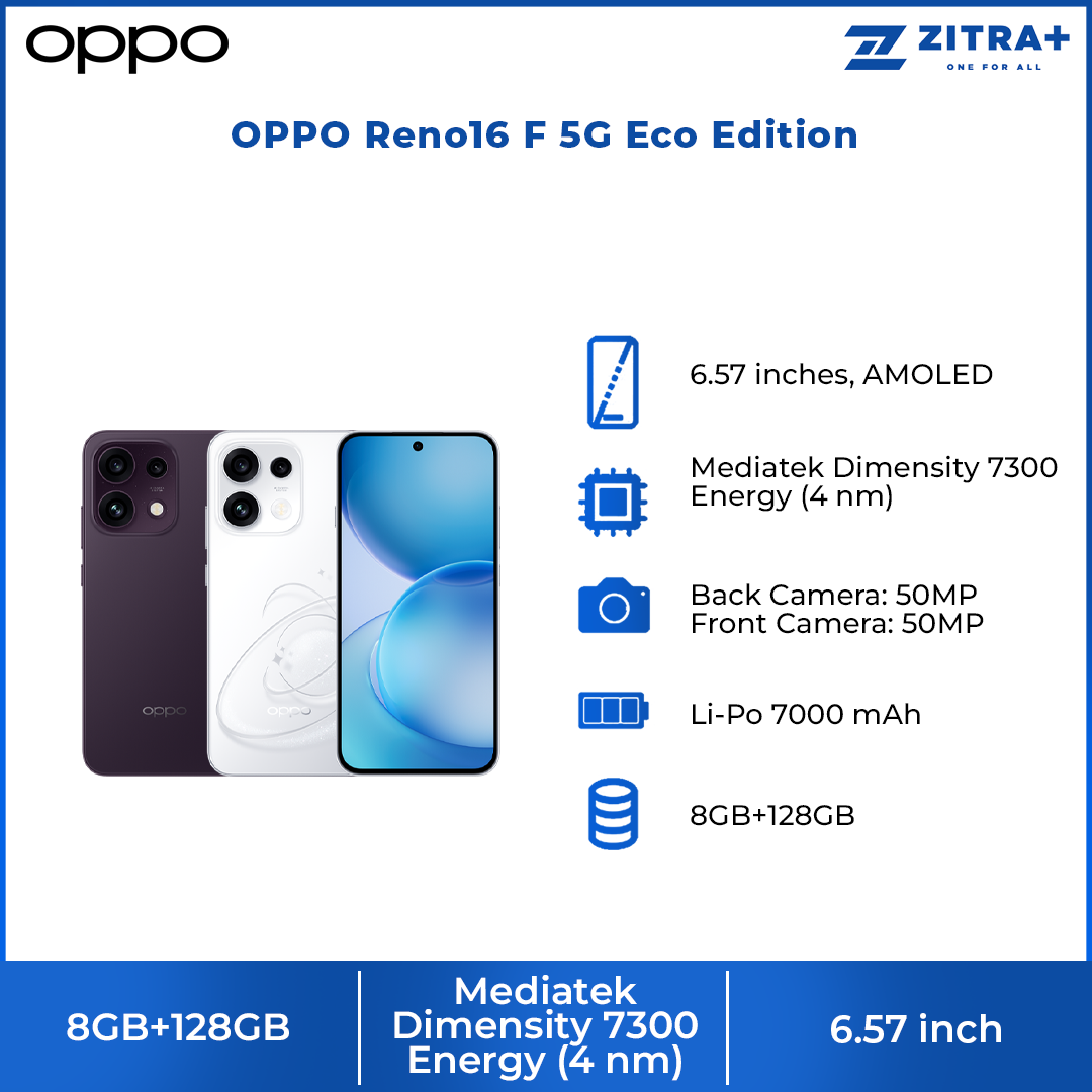OPPO Reno16 F 5G Eco Edition 8GB+128GB | 50MP Ultra Wide Selfie Camera | AI Remix Collage | Smart & Smooth ColorOS 16