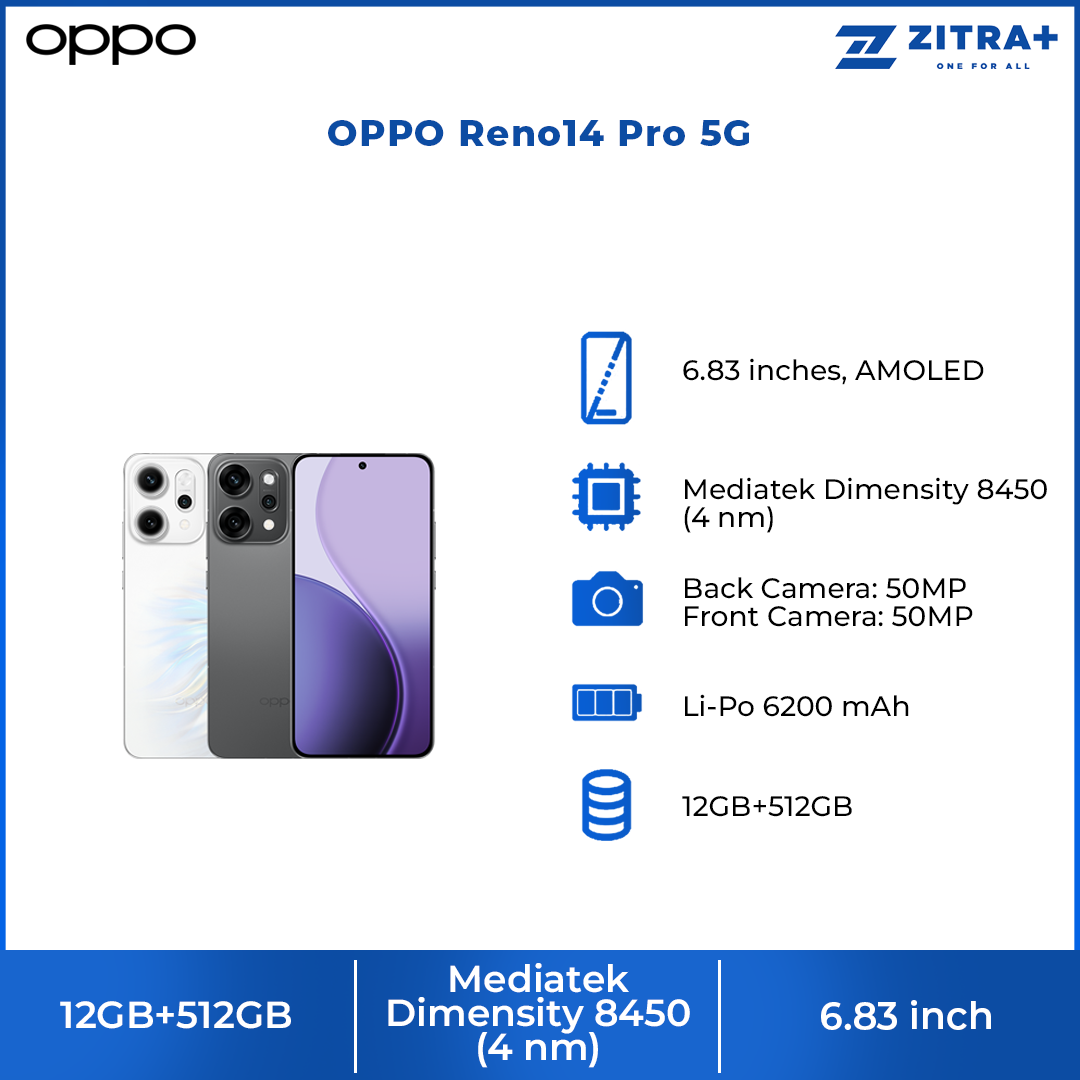 OPPO Reno14 Pro 5G | Al-Enhanced 4K HDR Video | 6200mAh Large Battery 80W SUPERVOOCTM | 50MP 3.5xTelephoto | 50MP Ultra-Wide Camera