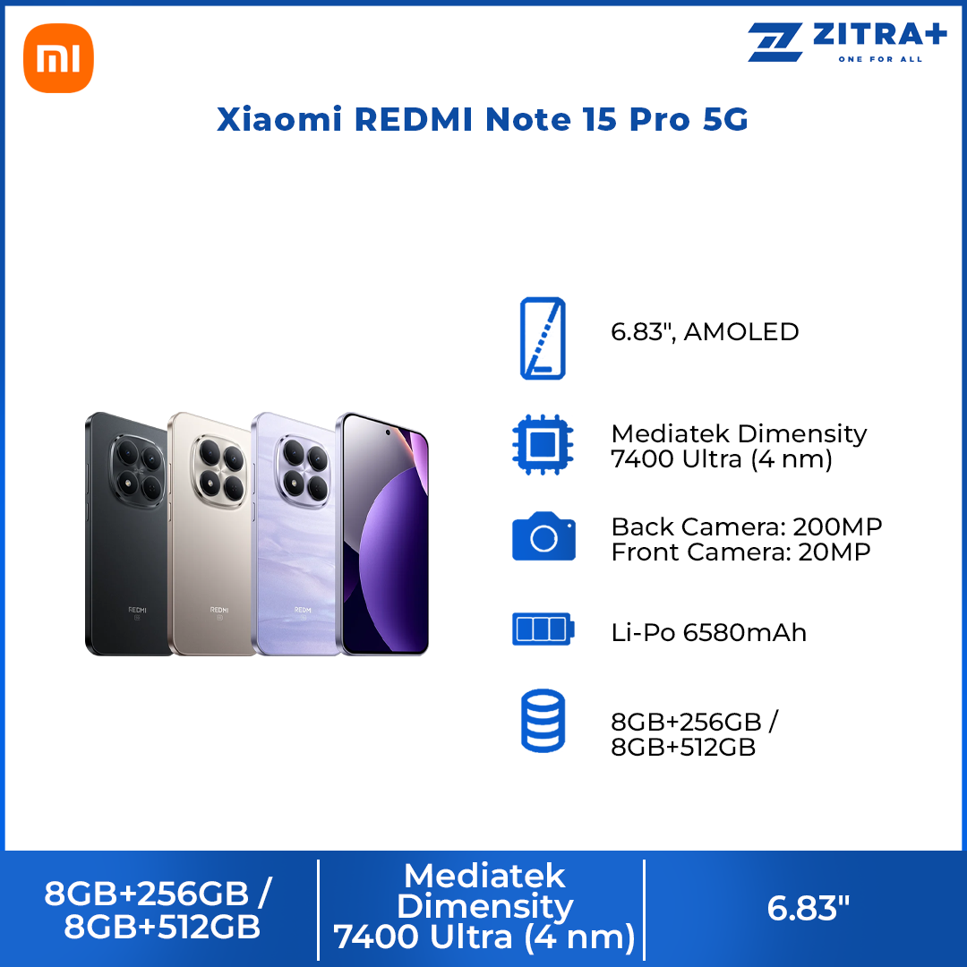Xiaomi REDMI Note 15 Pro 5G 8GB+256GB/8GB+512GB | 6.83", AMOLED | 200MP Rear Camera | Mediatek Dimensity 7400 Ultra (4 nm) | Android 15, HyperOS 2 | Li-Po 6580mAh