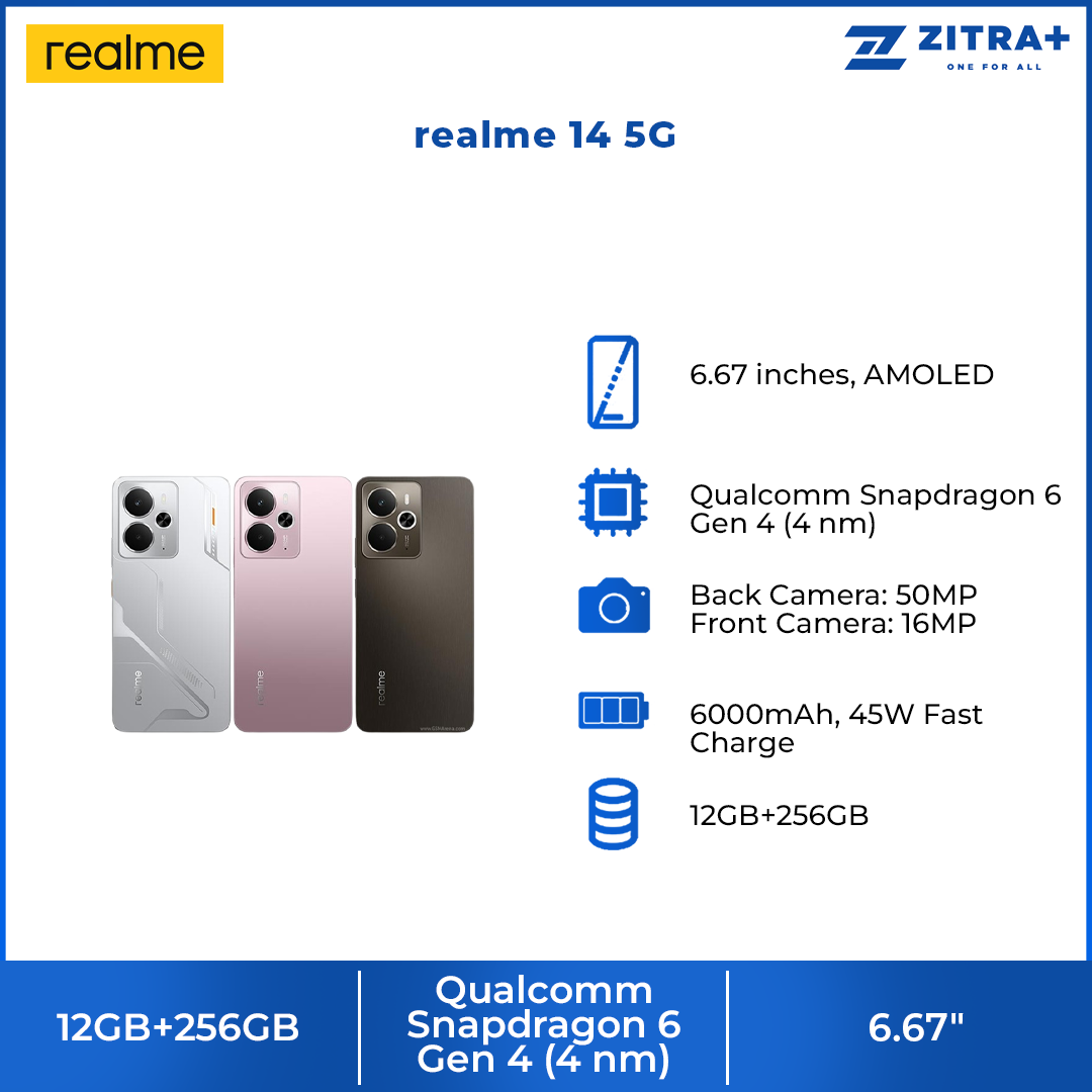 realme 14 5G 12GB+256GB | 6.67 inch | 50MP | Qualcomm Snapdragon 6 Gen 4 (4 nm) | 6000mAh, 45W Fast Charge