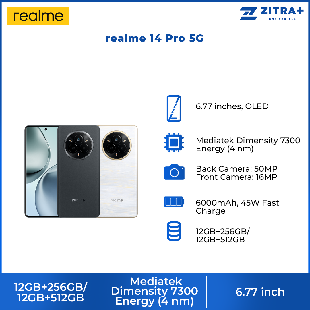 realme 14 Pro 5G 12GB+256GB/12GB+512GB | 6.77 inch | 50MP Rear Camera | Mediatek Dimensity 7300 Energy (4 nm) | 6000mAh, 45W Fast Charge