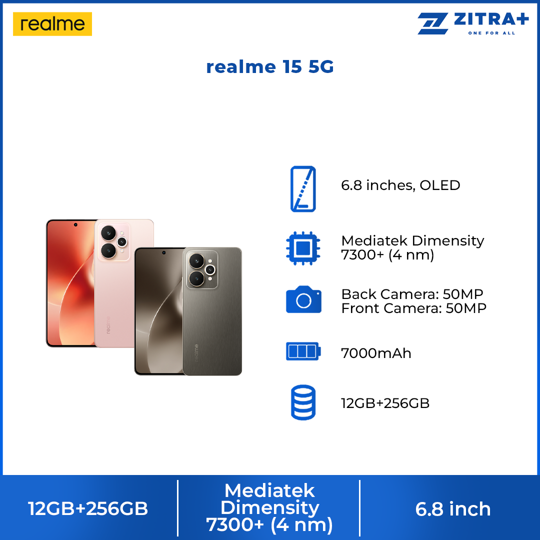realme 15 5G 12GB+256GB | 50MP Camera | 6.8 inches, OLED | 7000mAh | Mediatek Dimensity 7300+ (4 nm) | Android 15, Realme UI 6.0