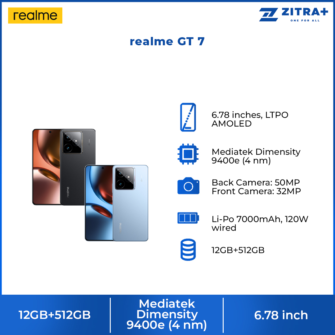 realme GT 7 12GB+512GB | 6.78 inches, LTPO AMOLED | 50MP Rear Camera | Mediatek Dimensity 9400e (4 nm) | 1264 x 2780 pixels | Li-Po 7000mAh, 120W wired
