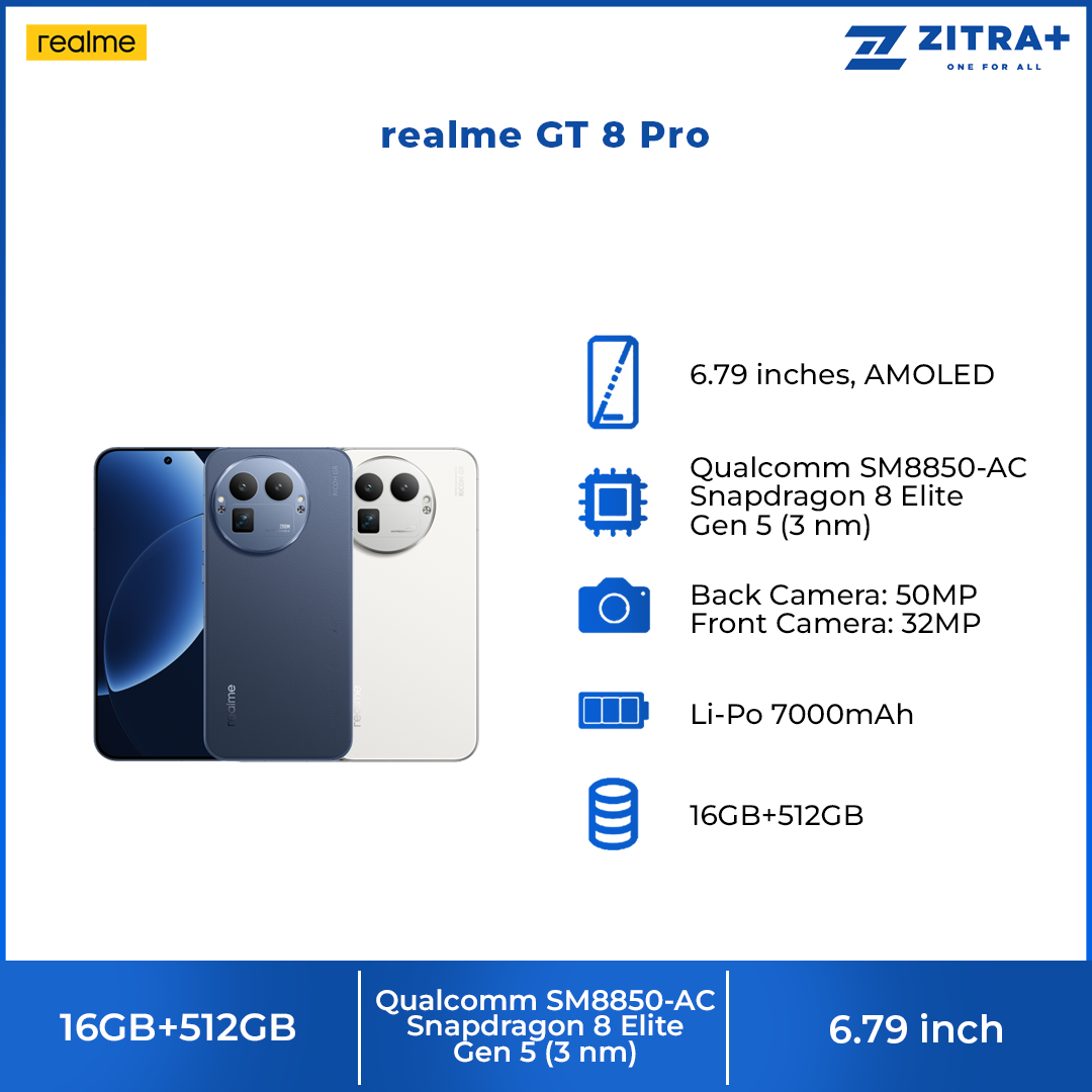 realme GT 8 Pro 16GB+512GB | 6.79 inches, AMOLED | 50MP Rear Camera | Qualcomm SM8850-AC Snapdragon 8 Elite Gen 5 (3 nm) | Li-Po 7000mAh