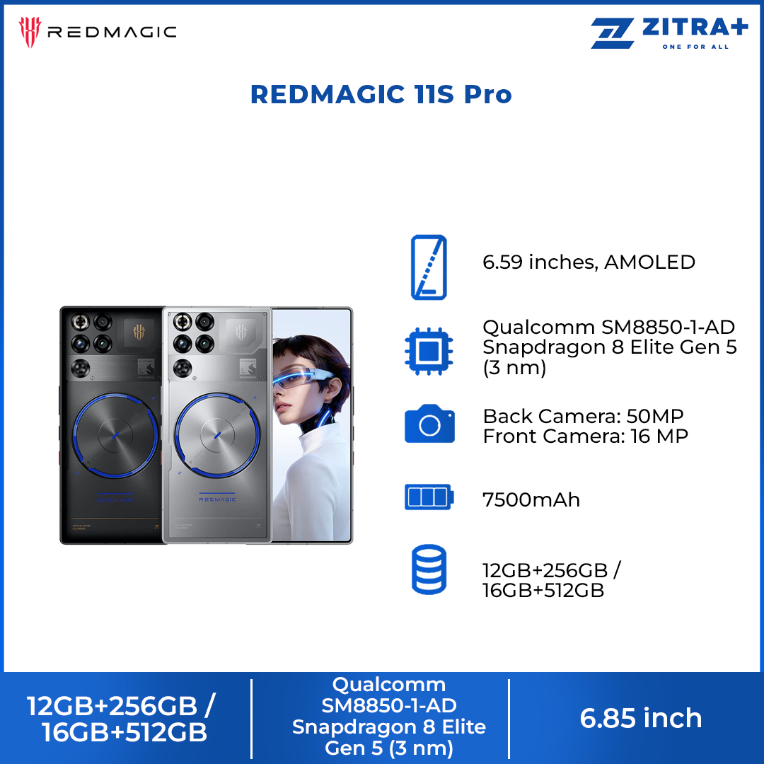 REDMAGIC 11S Pro 12GB+256GB / 16GB+512GB |Snapdragon 8 Elite Gen 5 | Reinforced AquaCore Cooling | 7,500mAh large battery, 80W wired & wireless charging 