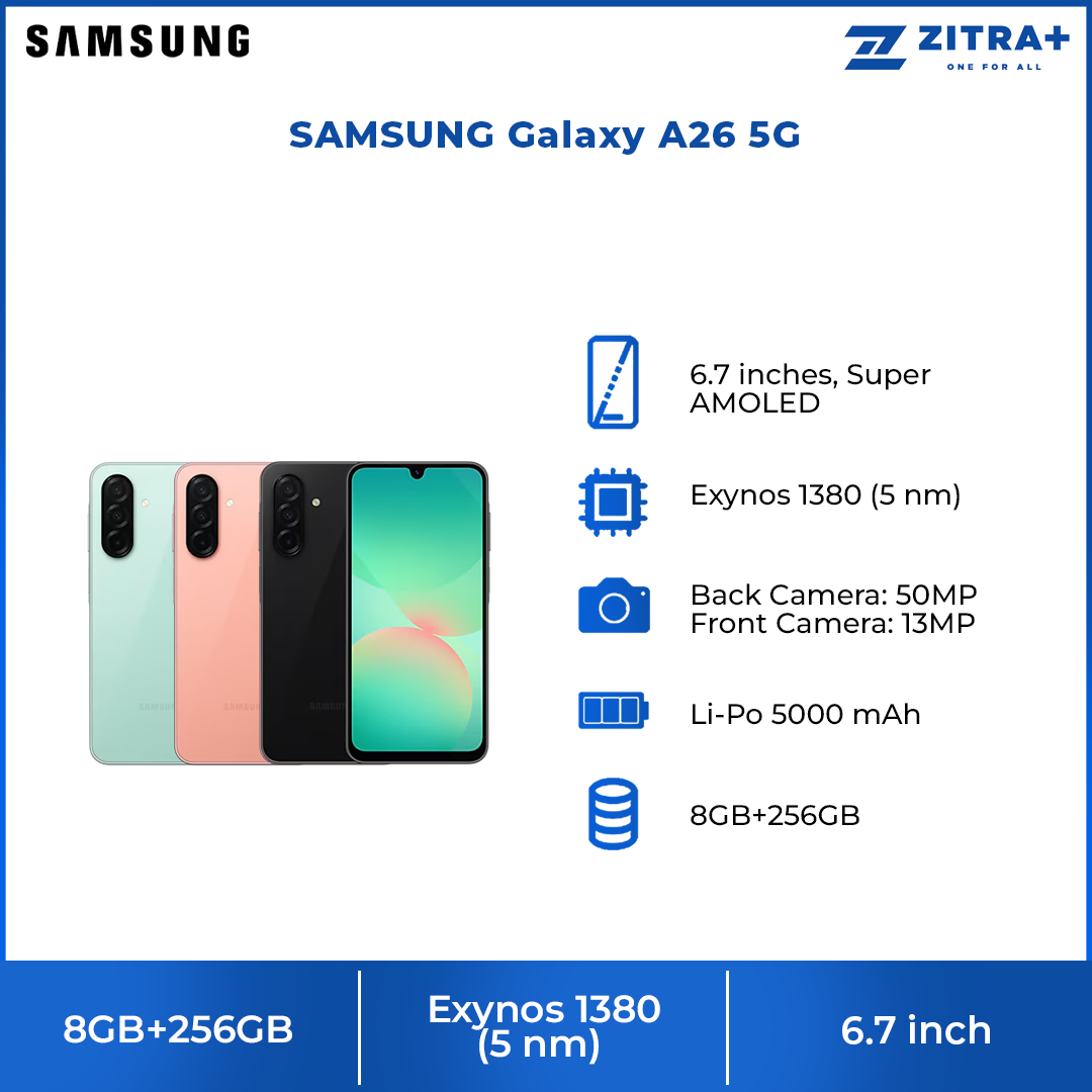 SAMSUNG Galaxy A26 5G 8GB+256GB | Exynos 1380 (5 nm) | 6.7 inches, Super AMOLED | 50MP Main Camera | Li-Po 5000 mAh