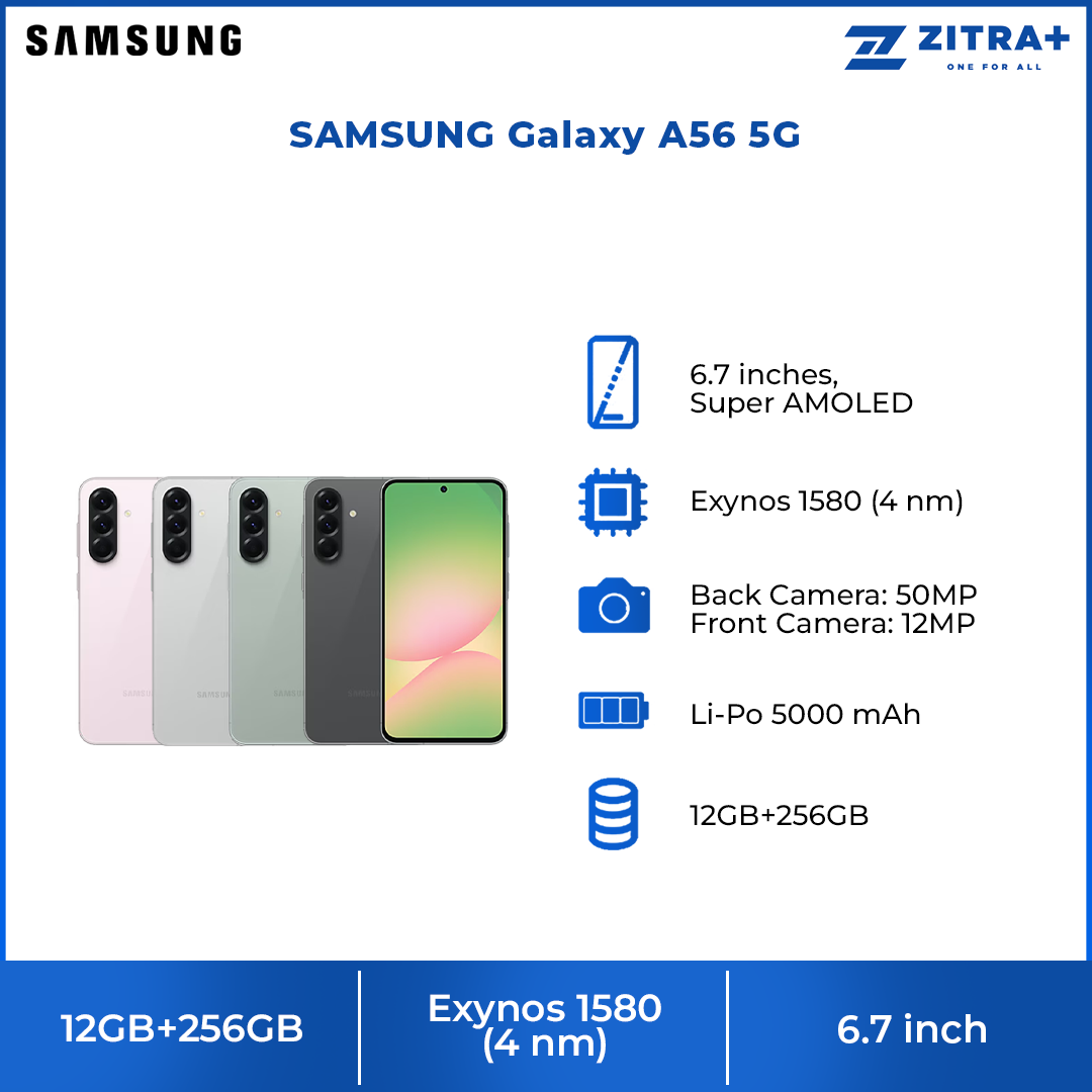SAMSUNG Galaxy A56 5G 12GB+256GB | Exynos 1580 (4 nm) | 6.7 inches, Super AMOLED | 50MP Main Camera | Li-Po 5000 mAh