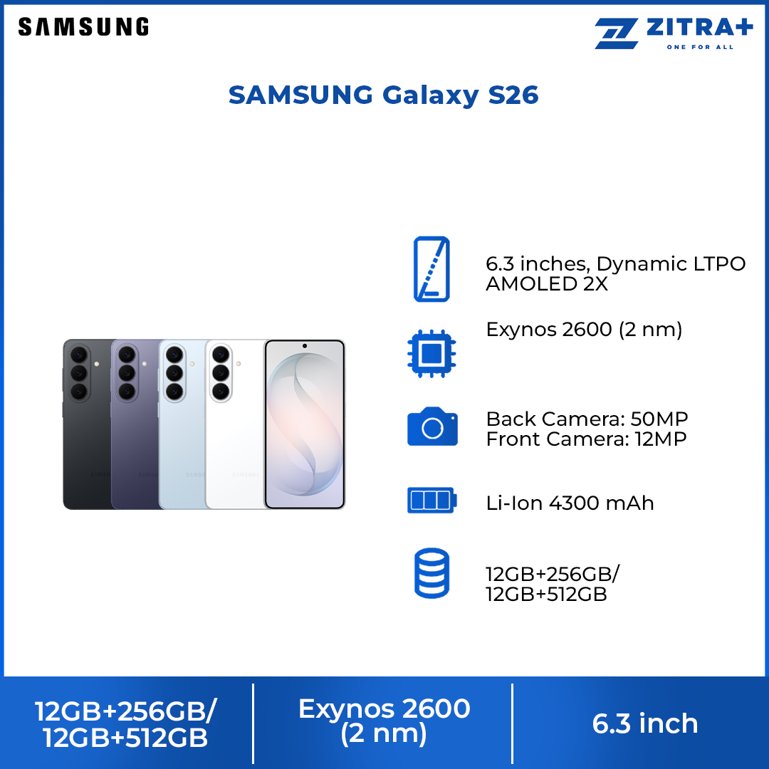 SAMSUNG Galaxy S26 12GB+256GB/ 12GB+512GB | 6.3 inches, Dynamic LTPO AMOLED 2X | 50MP Rear Camera | Exynos 2600 (2 nm) | Li-Ion 4300 mAh, 25W wired