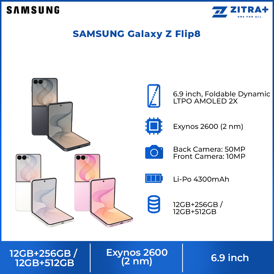 SAMSUNG Galaxy Z Flip8 12GB+256GB / 12GB+512GB | 6.9 inch, Foldable Dynamic | 50MP Rear Camera | Exynos 2600 (2 nm) | Android 17, One UI 9 | Li-Po 4300mAh, 25W Fast Charge