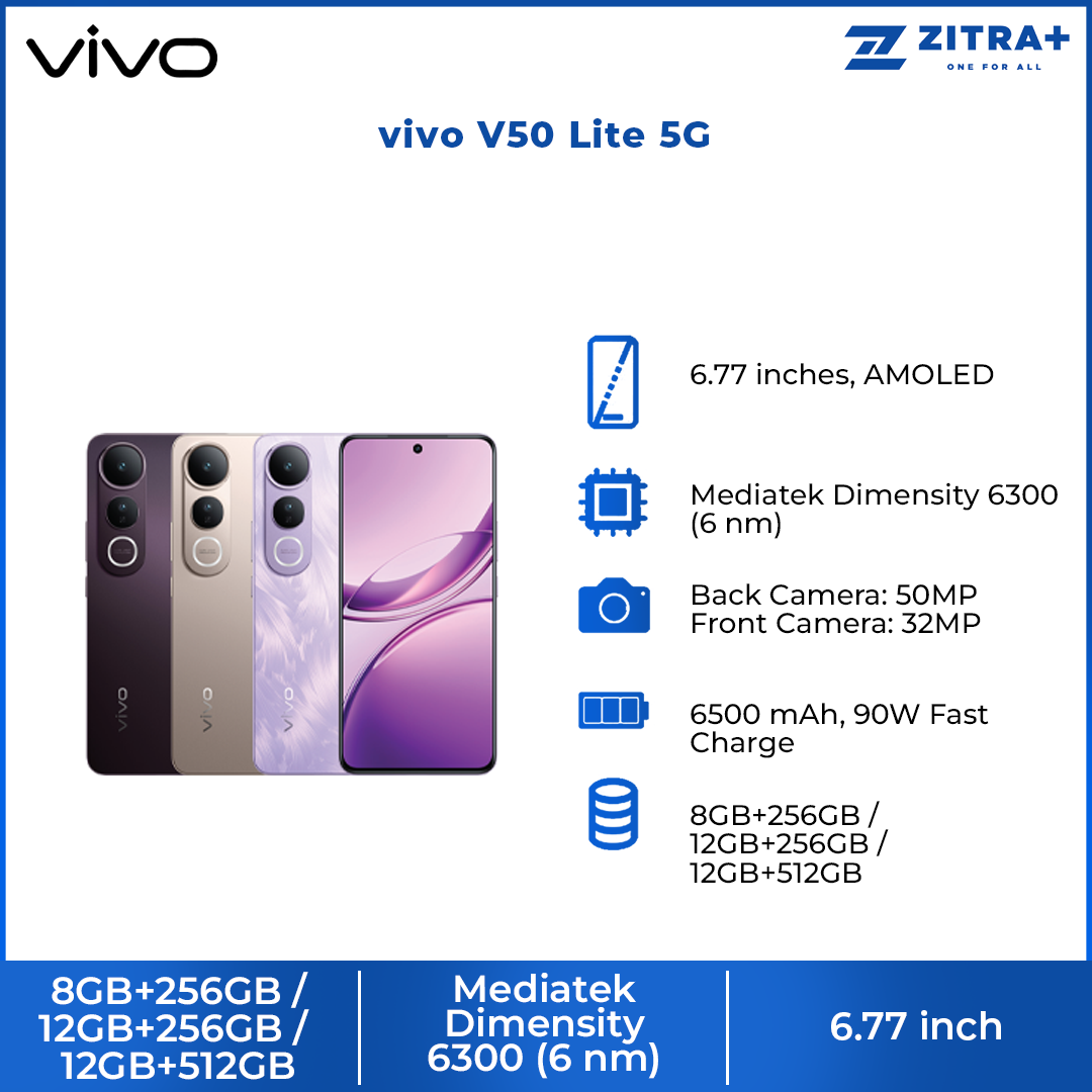 vivo V50 Lite 5G | BlueVolt Battery So Pro | 50 MP Sony Ultra-High Sensitivity Camera | Powerful Ai Function | 6500 mAh, 90W Fast Charge
