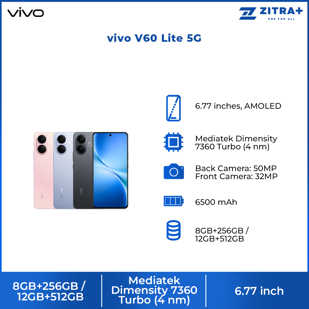 vivo V60 Lite 5G 8GB+256GB/ 12GB+512GB | 6.77 inches, AMOLED | 50MP Rear Camera | Mediatek Dimensity 7360 Turbo (4 nm) | Android 15, Funtouch 15 | 6500 mAh