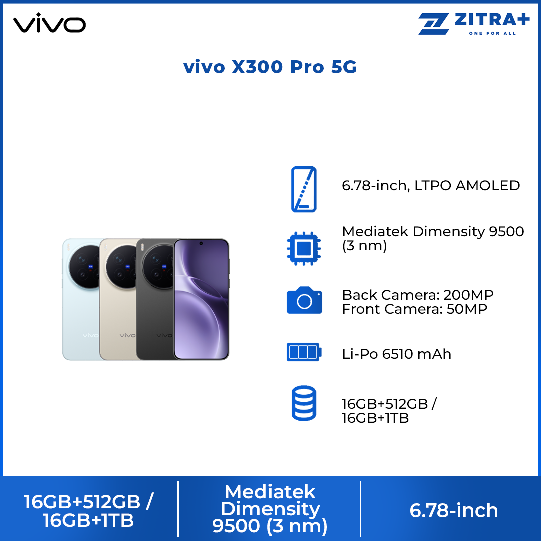 vivo X300 Pro 5G | 200MP ZEISS APO Telephoto Camera | 6510mAh BlueVolt Battery | Dimensity 9500 | 90W FlashCharge | IP68&69 Dust & Water Resistance