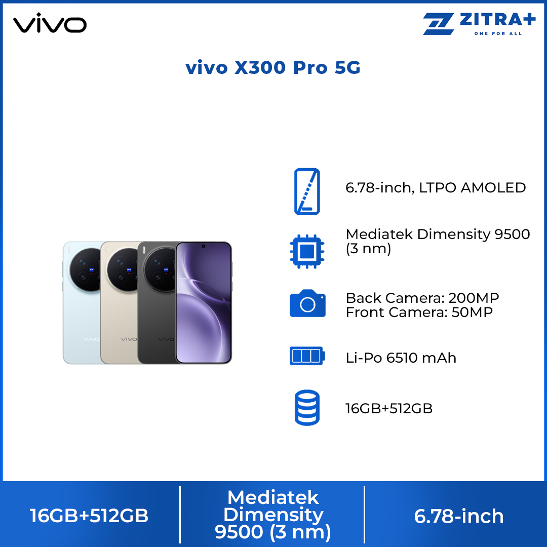 vivo X300 Pro 5G 16GB+512GB | 6.78-inch | 200MP Rear Camera | Mediatek Dimensity 9500 (3 nm) | Dual SIM | Li-Po 6510 mAh