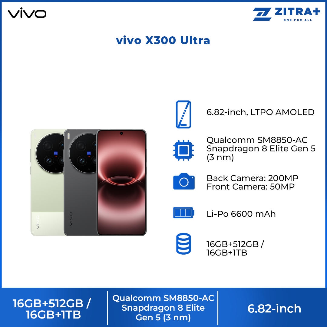 vivo X300 Ultra 16GB+512GB / 16GB+1TB | 6.82-inch, LTPO AMOLED | 200MP Rear Camera | Qualcomm SM8850-AC Snapdragon 8 Elite Gen 5 (3 nm) | Li-Po 6600 mAh, 100W FlashCharge