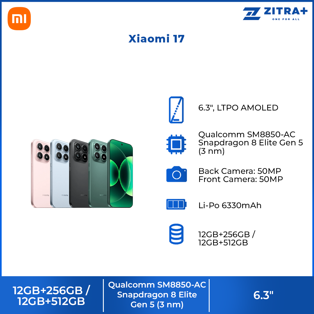 Xiaomi 17 12GB+512GB/12GB+256GB | 6.3", LTPO AMOLED | 50MP Rear Camera | Qualcomm SM8850-AC Snapdragon 8 Elite Gen 5 (3 nm) | Li-Po 6330mAh