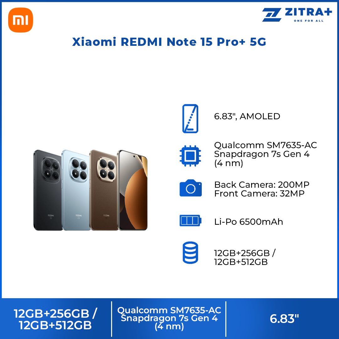 Xiaomi REDMI Note 15 Pro+ 5G 12GB+256GB/12GB+512GB | 6.83", AMOLED | 200MP Rear Camera | Qualcomm SM7635-AC Snapdragon 7s Gen 4 (4 nm) | Li-Po 6500mAh