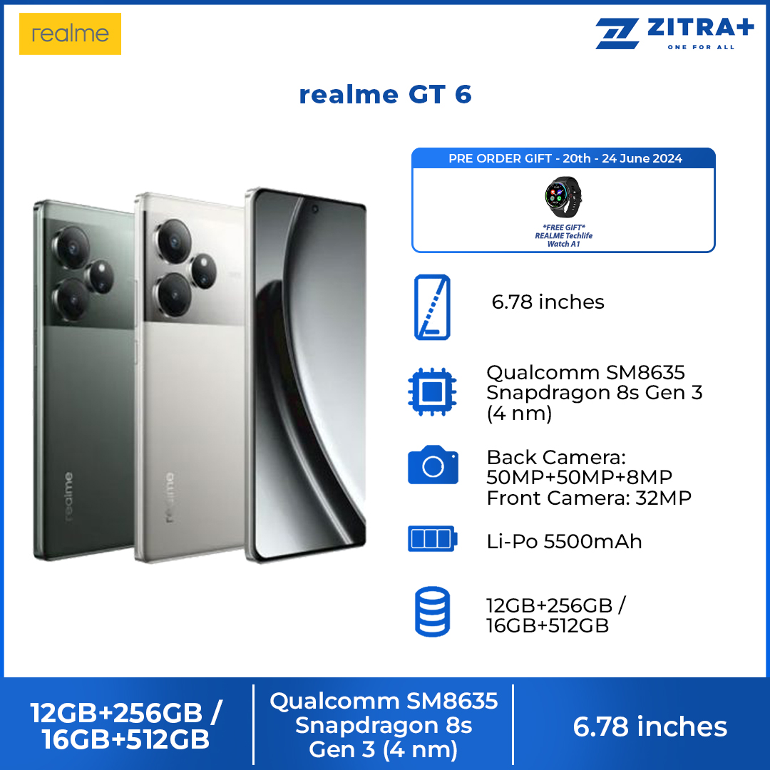 realme GT 6 12GB+256GB / 16GB+512GB | Snapdragon® 8s Gen 3 Chipset | Sony LYT-808 OIS Camera | 120W SUPERVOOC Charge