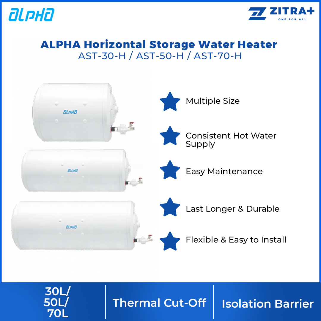 ALPHA 30L/50L/70L Horizontal Storage Water Heater AST-30-H/AST-50-H/AST-70-H | Multiple Size | Thermal Cut-Off