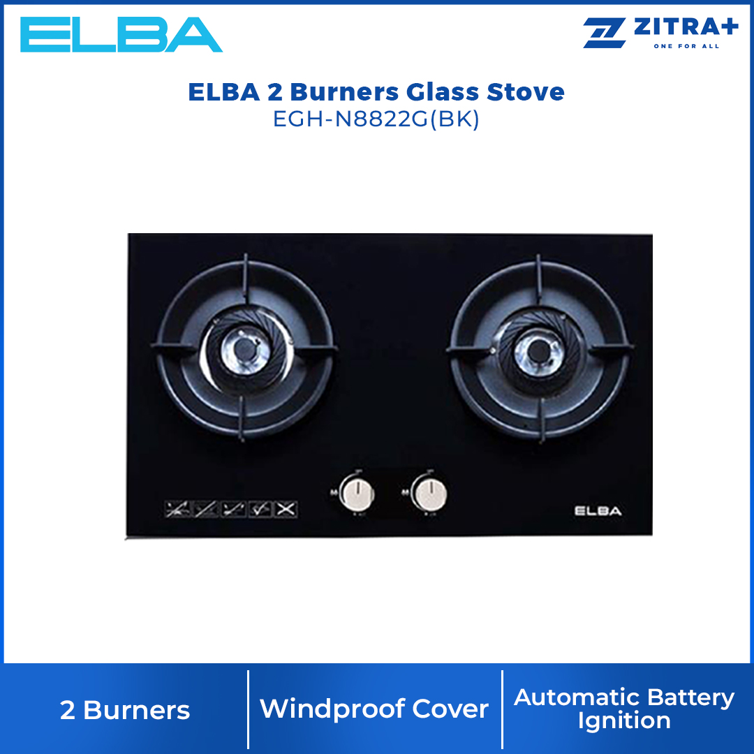 ELBA 2 Burners Glass Stove EGH-N8822G(BK) | High Quality Tempered Glass | Battery Auto Ignition System