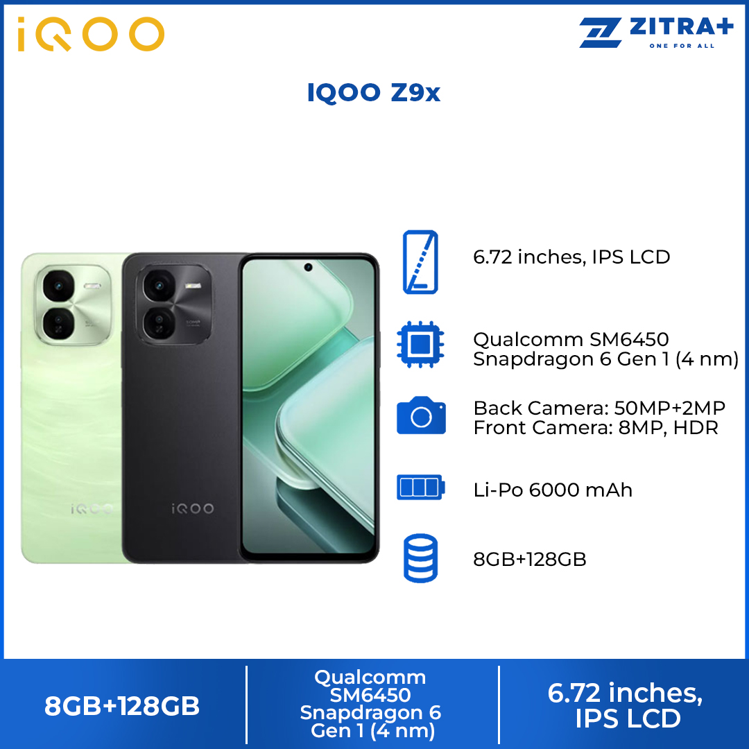 IQOO Z9x 8GB+128GB  | 4 nm Snapdragon® 6 Gen 1 | 120 Hz Eye-Care Display | Dual Speaker and Audio Booster | 1  Year General Warranty