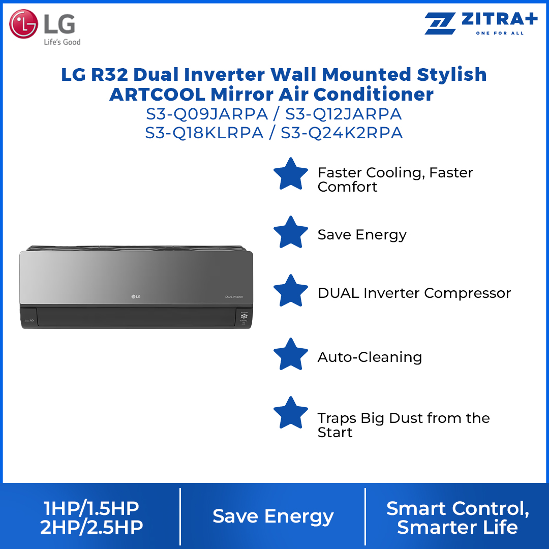 LG 1HP/1.5HP/2HP/2.5HP R32 Dual Inverter Wall Mounted Stylish ARTCOOL Mirror Air Conditioner | Save Energy | Auto-Cleaning | Smart Control