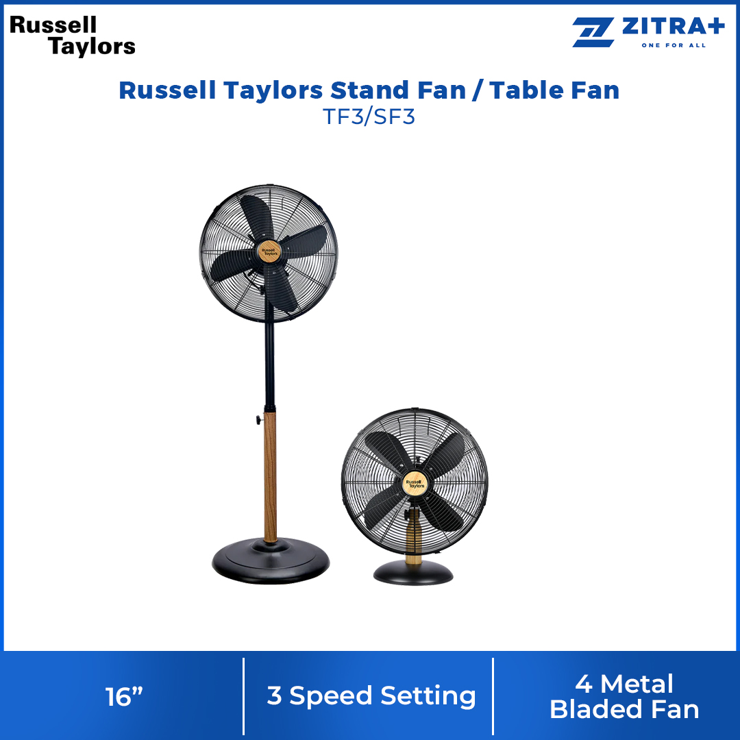Russell Taylors 16" 4-Blade Stand Fan/Table Fan with Metal Blade SF3 TF3 | 3-Speed Selection | Wide-Angle Breeze Tilt & Oscillation