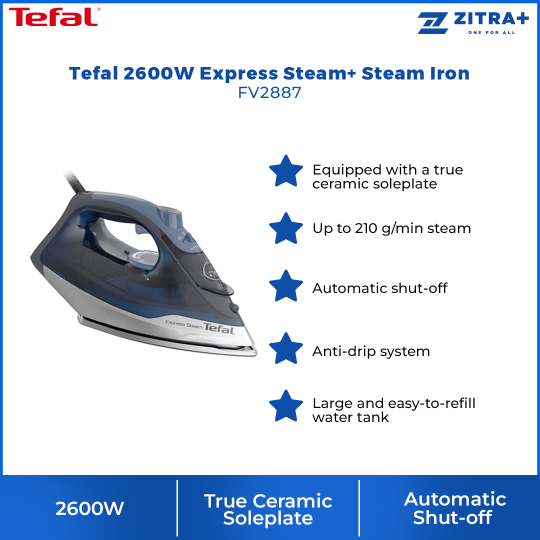 Tefal 2600W Express Steam+ Steam Iron Navy Blue | FV2887 | Automatic Shut-Off | Anti Drip System | Large And Easy To Refill Water Tank