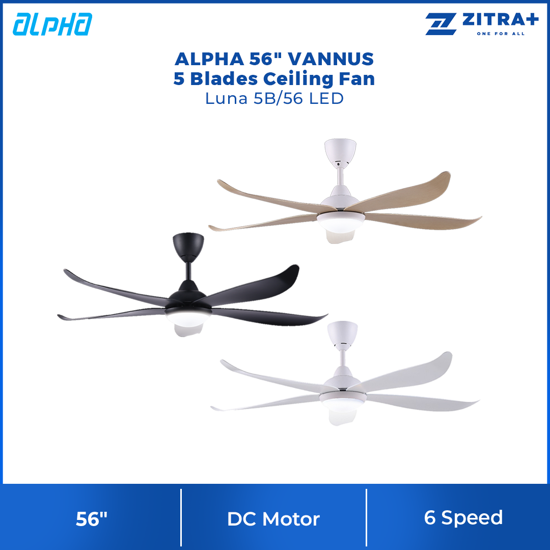 ALPHA 56" VANNUS 5 Blades Ceiling Fan Luna 5B/56 LED | Low Noise | Timer | Forward Reverse | LED Colour Light | 6 Speed | Natural Wind | Ceiling Fan with 1 Year Warranty