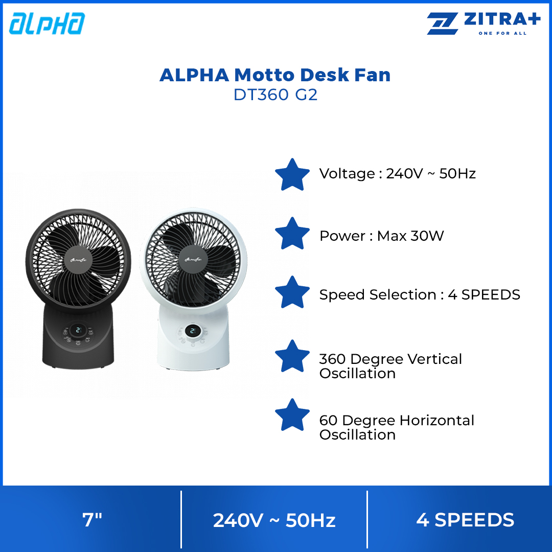 ALPHA 7" Desk Fan  MOTTO DESK FAN 360 G2 | 4 Fan Speed | Remote Control | Timer Off | Touch Panel | LED Display | Auto Swing | 360 Oscillation | Desk Fan with 1 Year Warranty