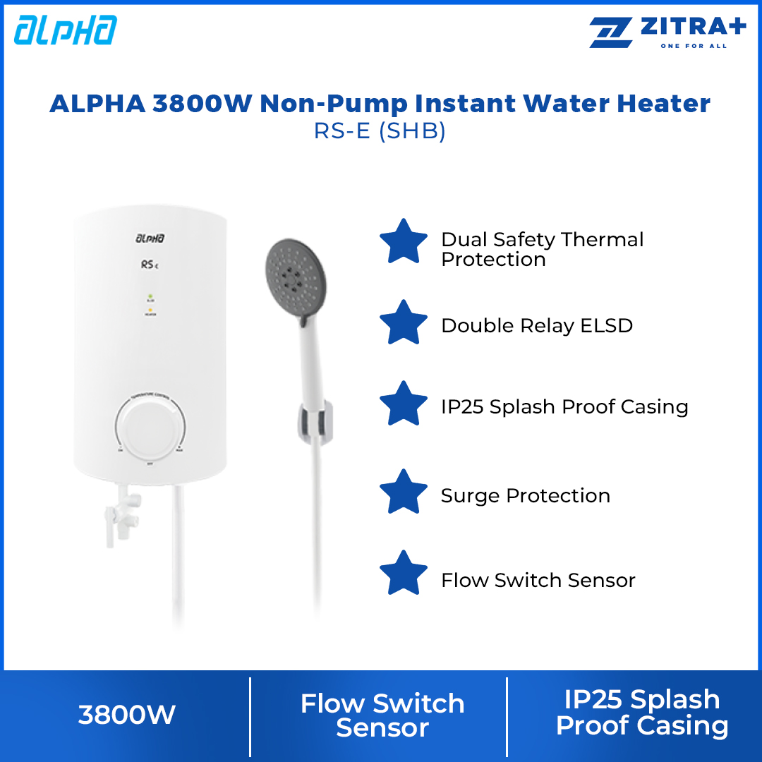 ALPHA 3800W Non-Pump Instant Water Heater RS-E (SHB) | Dual Safety Thermal Protection | Surge Protection | Flow Switch Sensor