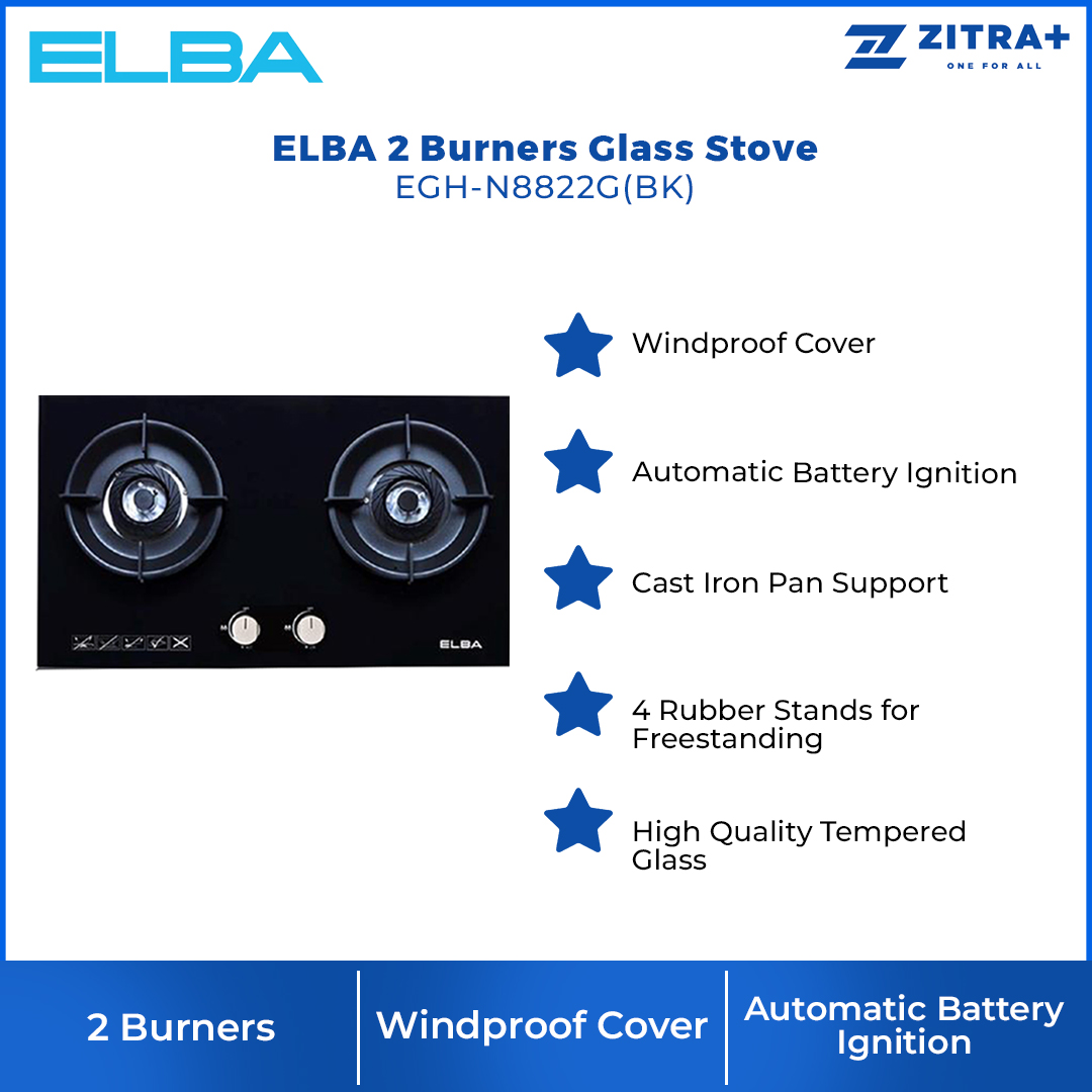 ELBA 2 Burners Glass Stove EGH-N8822G(BK) | High Quality Tempered Glass | Battery Auto Ignition System