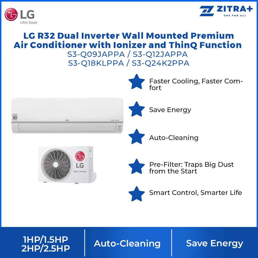 LG 1/1.5/2/2.5HP R32 Dual Inverter Wall Mounted Premium Air Conditioner with Ionizer and ThinQ Function | Save Energy | Smart Control
