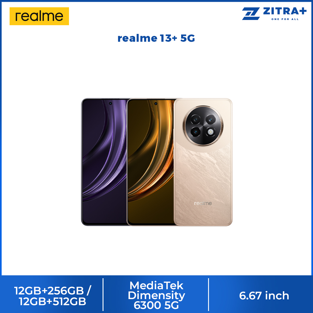 realme 13+ 5G 12GB+256GB/ 12GB+512GB | Android 14, Realme UI 5.0 | MediaTek Dimensity 6300 5G | 5000mAh, 80W Ultra Charge