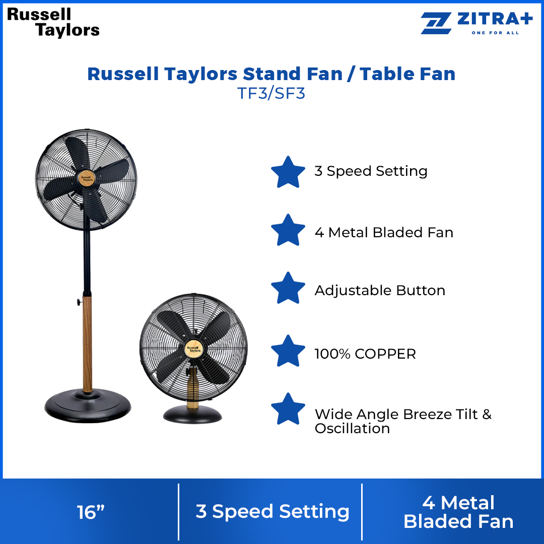 Russell Taylors 16" 4-Blade Stand Fan/Table Fan with Metal Blade SF3 TF3 | 3-Speed Selection | Wide-Angle Breeze Tilt & Oscillation