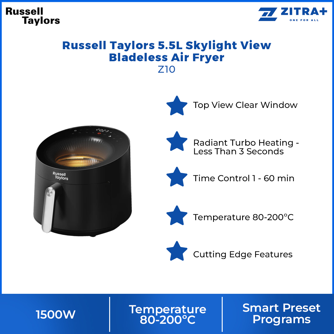 Russell Taylors 5.5L Skylight View Bladeless Air Fryer Z10 | Radiant Turbo Heating | Smart Preset Programs